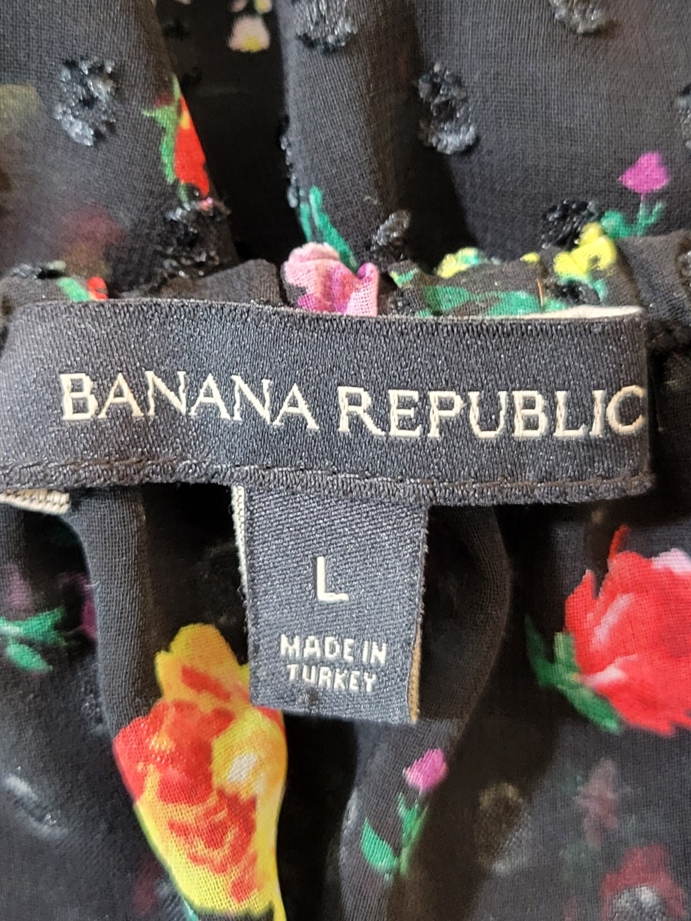 Banana Republic (Women's L) Semi-Sheer Swiss Dot Black Floral Peasant Blouse - Picture 8 of 10